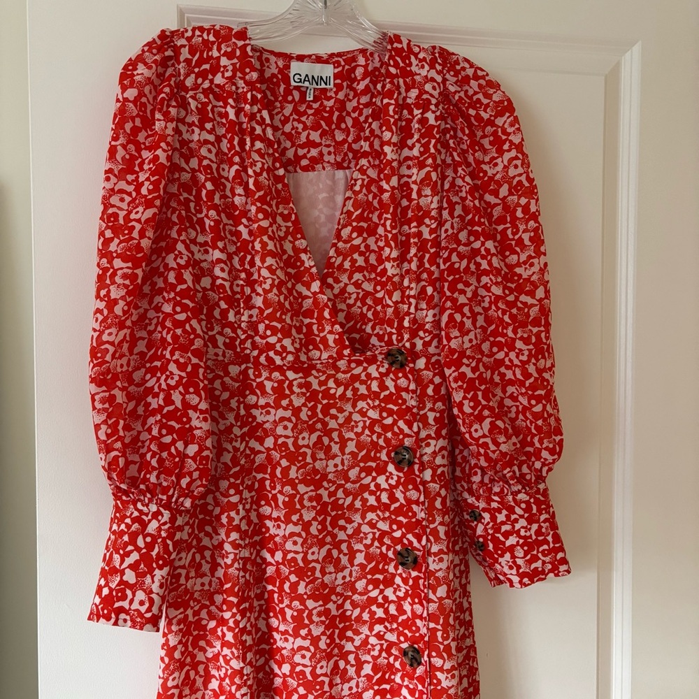 Ganni Floral Crepe Midi Dress Orange